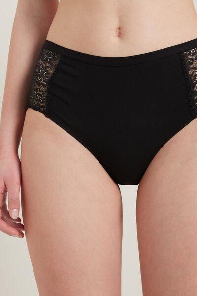 Tezenis - Black Cotton And Recycled Lace High-Waist Knickers