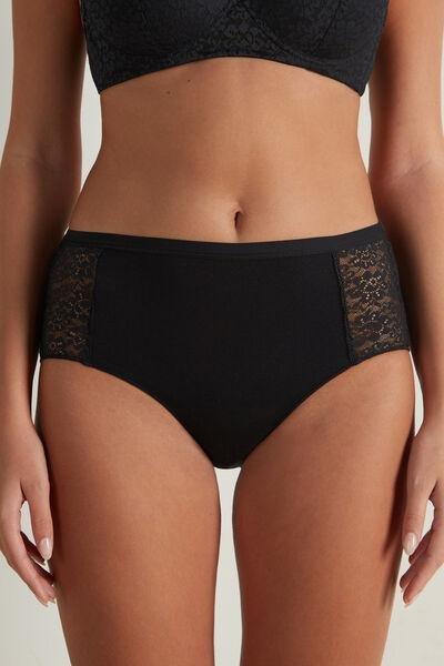 Tezenis - Black Cotton And Recycled Lace High-Waist Knickers