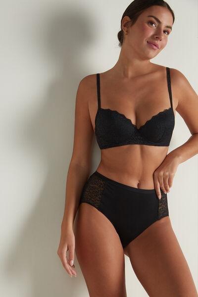 Tezenis - Black Cotton And Recycled Lace High-Waist Knickers