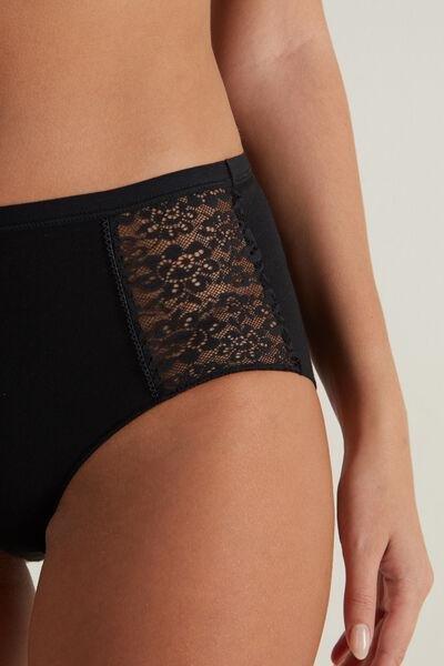 Tezenis - Black Cotton And Recycled Lace High-Waist Knickers