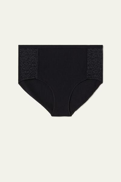 Tezenis - Black Cotton And Recycled Lace High-Waist Knickers