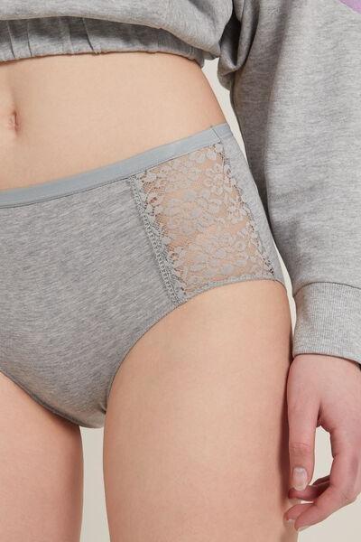 Tezenis - Grey Cotton And Recycled Lace High-Waist Knickers