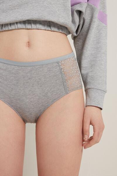 Tezenis - Grey Cotton And Recycled Lace High-Waist Knickers