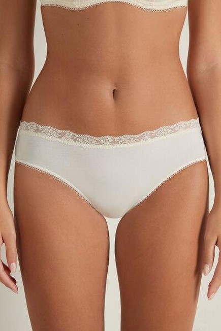 Tezenis - IVORY CREAM Recycled Lace and Cotton Scalloped Knickers
