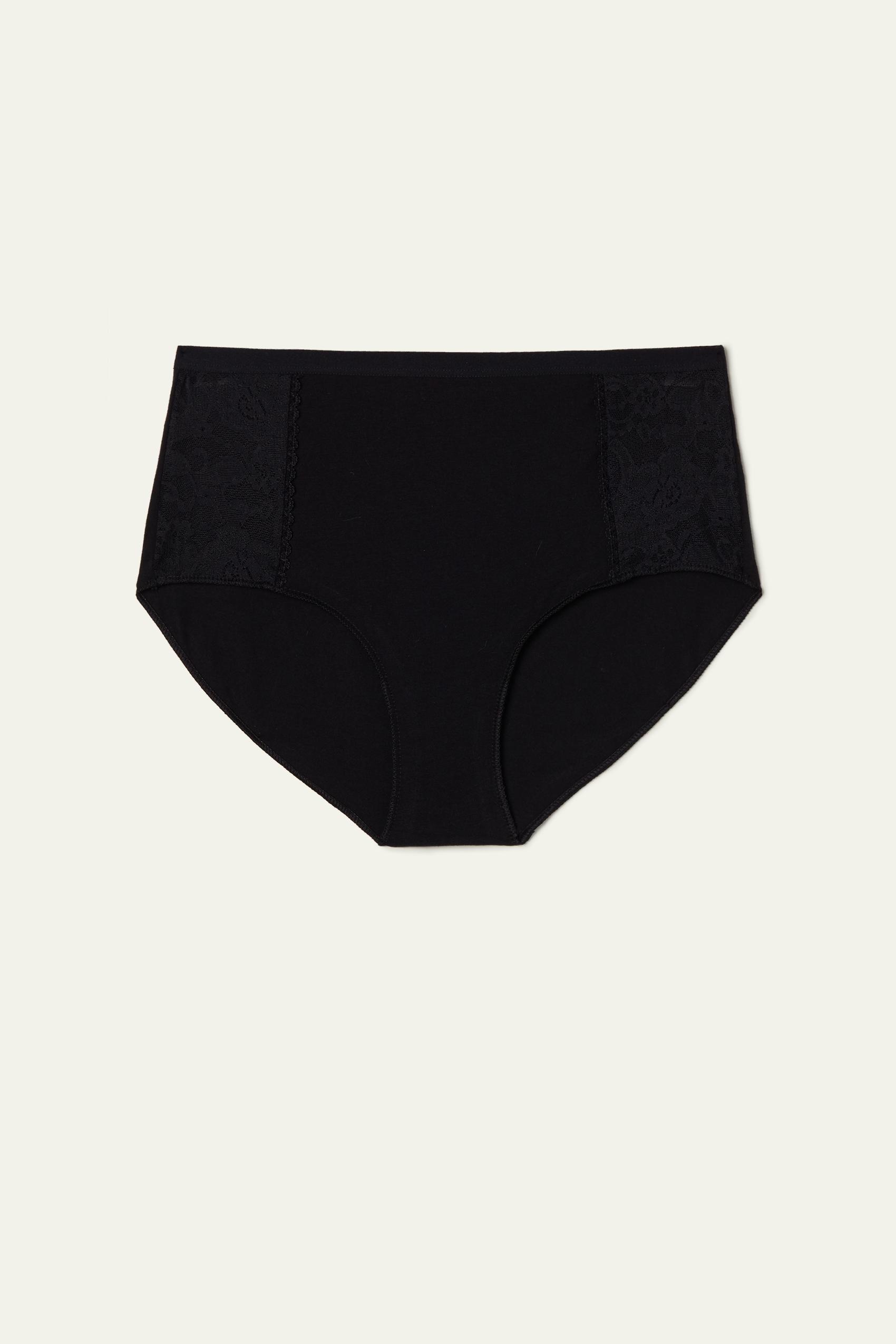Black Cotton And Lace High-Waisted Panties, Black, large image number 5
