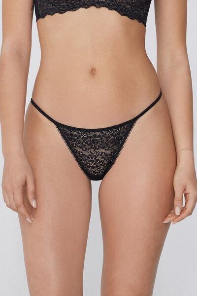 Black Lace-Detailed G-String, Black, large image number 1