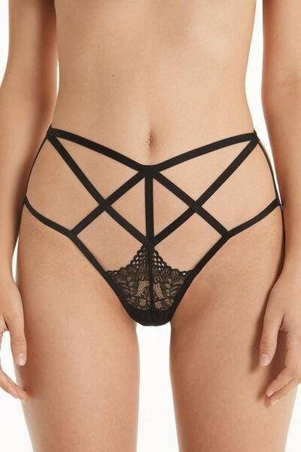 Tezenis Black High-Waist G-String With Cut-Out Laces
