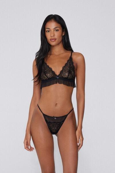 Black Pretty Pleated Tanga Panel G-String, Black, medium