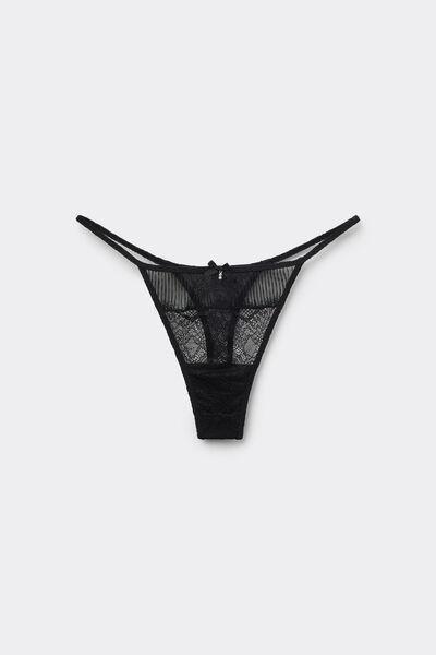 Black Pretty Pleated Tanga Panel G-String, Black, medium