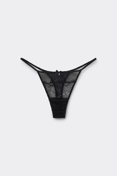 Black Pretty Pleated Tanga Panel G-String, Black, medium