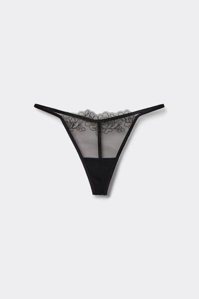 Black Fleur Noir Floral Pattern Tanga Panel G-String, Black, large image number 4