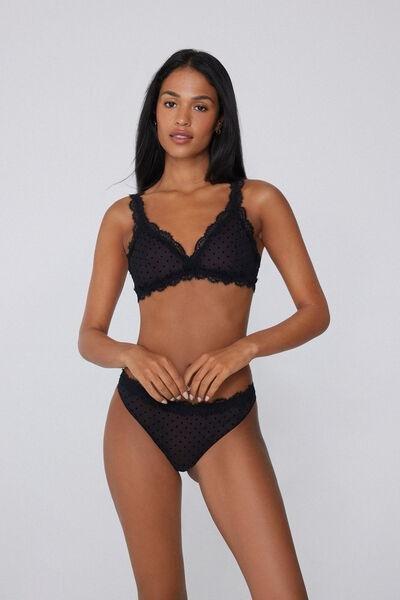 Black Polka Dot Slightly Padded Triangle Lace Bra, Black, large image number 0