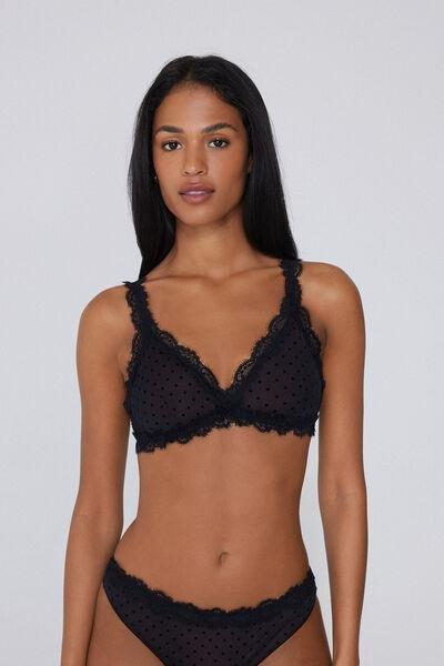 Black Polka Dot Slightly Padded Triangle Lace Bra, Black, large image number 1