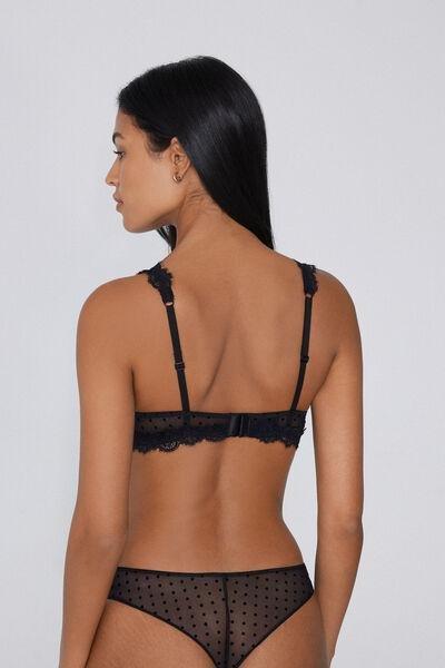 Black Polka Dot Slightly Padded Triangle Lace Bra, Black, large image number 2