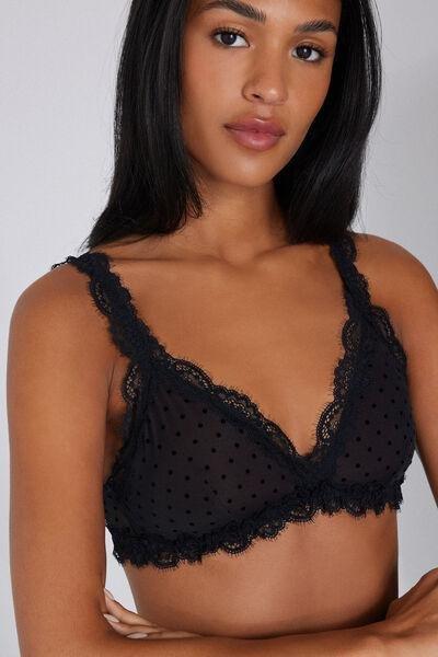 Black Polka Dot Slightly Padded Triangle Lace Bra, Black, large image number 3