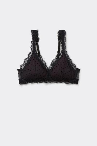 Black Polka Dot Slightly Padded Triangle Lace Bra, Black, large image number 4