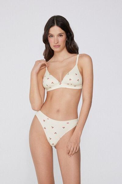 Cream Cherry-Print Ribbed Triangle Bra, 5701_320Y, large image number 0