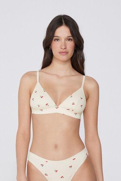 Cream Cherry-Print Ribbed Triangle Bra, 5701_320Y, large image number 1