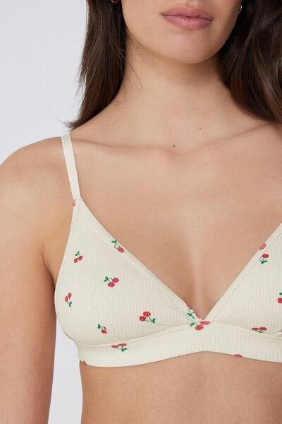 Cream Cherry-Print Ribbed Triangle Bra, 5701_320Y, large image number 3