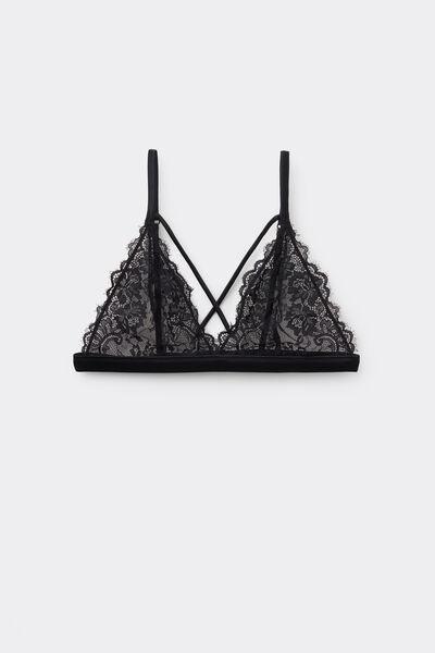 Black Unpadded Wireless Lace Triangle Bra, Black, large image number 4
