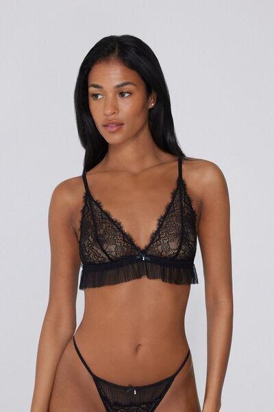 Black Pretty Plisse Triangle Lace Bra, Black, large image number 1
