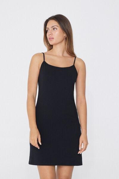 Black Cotton Slip With Thin Shoulder Straps, , medium