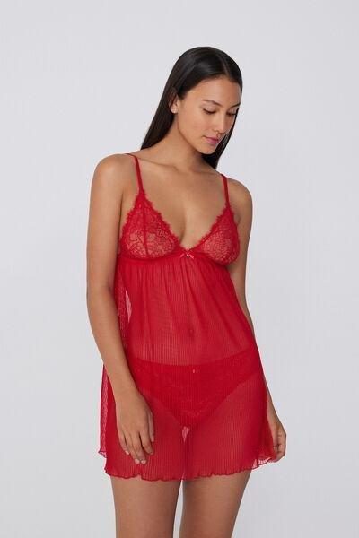 Red Pretty Pliss&eacute; Narrow Shoulder Straps Lace Slip Dress, 5701_873V, large image number 0
