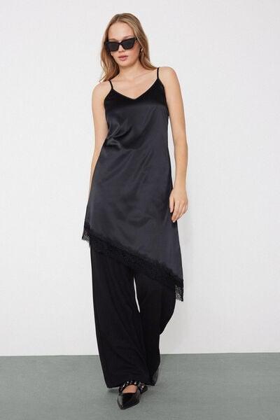Black Asymmetric Satin And Lace Slip/Dress, Black, medium