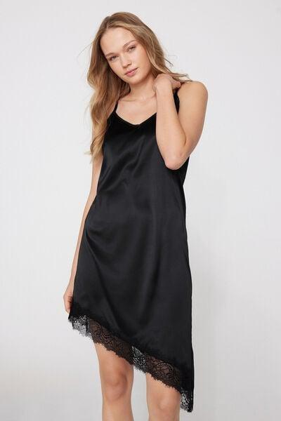 Black Asymmetric Satin And Lace Slip/Dress, Black, large image number 1