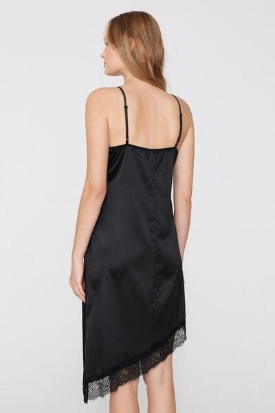 Black Asymmetric Satin And Lace Slip/Dress, Black, large image number 2