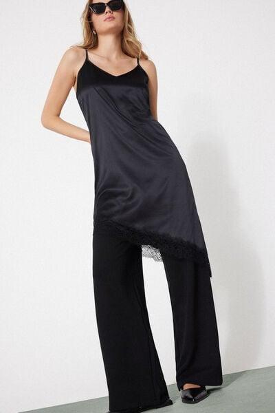 Black Asymmetric Satin And Lace Slip/Dress, Black, large image number 3
