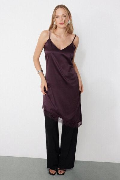 Burgundy Asymmetric Satin And Lace Slip/Dress, 5701_919Y, large image number 0