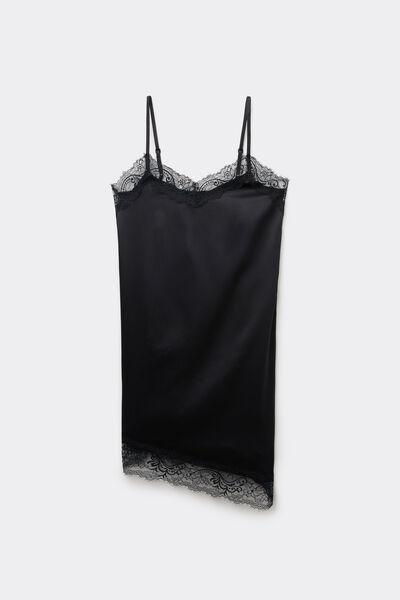 BLACK Asymmetric Satin and Lace Slip Dress, Black, large image number 3