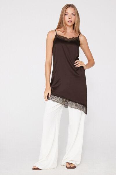 Brown Asymmetric Satin And Lace Slip Dress, 5701_495Z, large image number 0