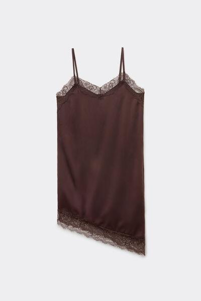 Brown Asymmetric Satin And Lace Slip Dress, 5701_495Z, large image number 3