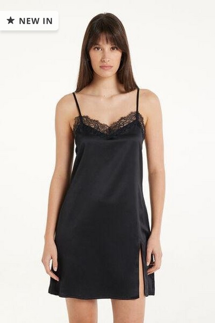 Tezenis - Black Satin And Lace Camisole With Narrow Shoulder Straps