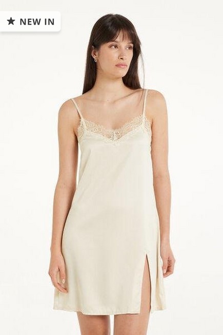 Tezenis - Cream Satin And Lace Camisole With Narrow Shoulder Straps