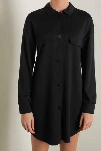 Black Long-Sleeve Milano Stitch Shirt Dress, Black, large image number 1