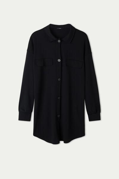 Black Long-Sleeve Milano Stitch Shirt Dress, Black, large image number 4