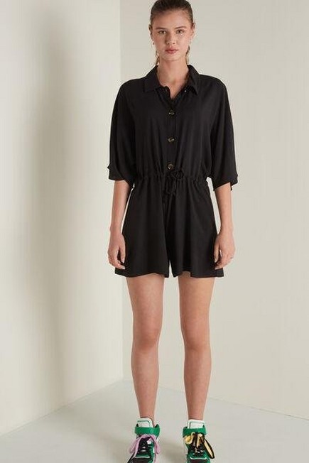 Tezenis - Black Short Playsuit With Buttons And Collar