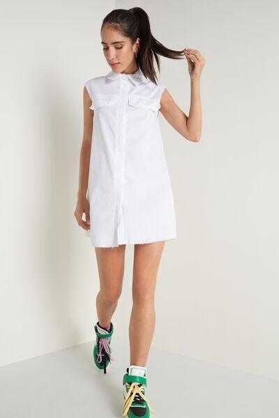 White Sleeveless Buttoned Cotton Shirt Dress, White, large image number 0