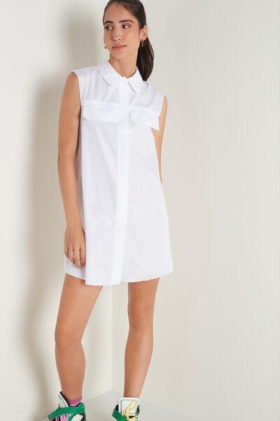 White Sleeveless Buttoned Cotton Shirt Dress, White, large image number 1