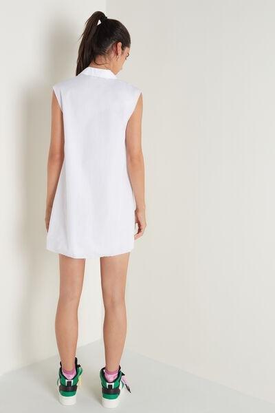 White Sleeveless Buttoned Cotton Shirt Dress, White, large image number 2