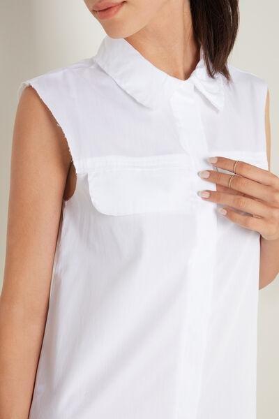 White Sleeveless Buttoned Cotton Shirt Dress, White, large image number 3