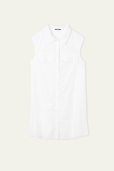 White Sleeveless Buttoned Cotton Shirt Dress, White, large image number 4