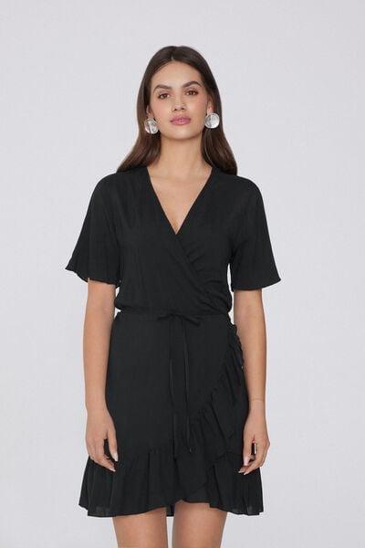 Black Canvas Wrap Dress, Black, medium