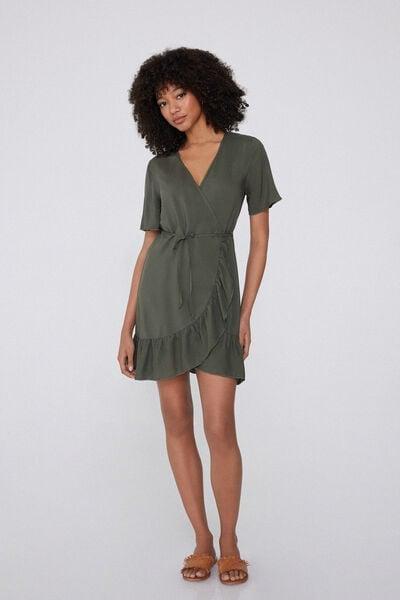 Green Short Canvas Wrap Dress, 5701_503Y, large image number 1