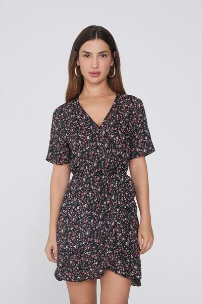 Black Printed Short Wrap Dress, , large image number 0