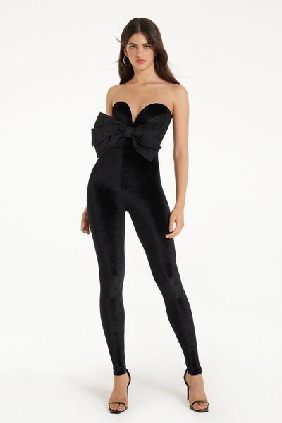Black Sleeveless Velvet Jumpsuit With Bow, , large image number 1