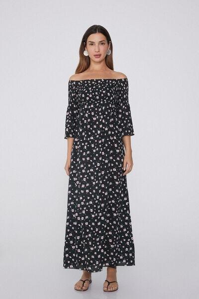 Black Long Stitched-Smock Off-The-Shoulder Dress, 5701_754Y, medium